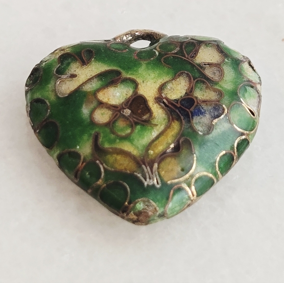 Jewelry - Vintage Small Green and Yellow Heart Cloisonne' Pendant